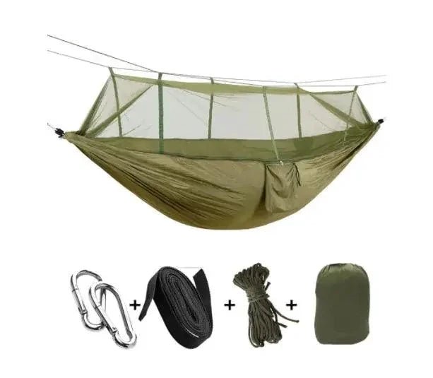Mandotos bug-free camping hammock made of durable 210T nylon fabric with insect netting for peaceful outdoor relaxation.