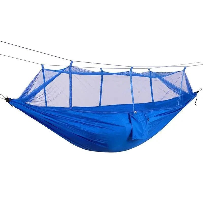 Mandotos bug-free camp hammock made of durable 210T nylon fabric, designed for outdoor relaxation free from insects.