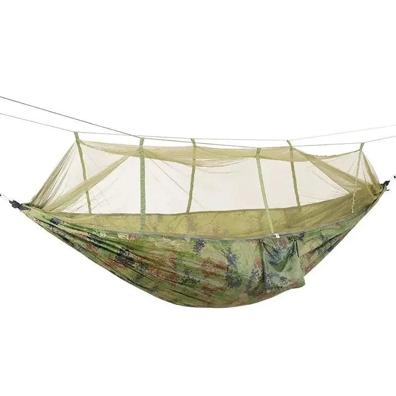 Mandotos Bug-Free Camp Hammock made of durable 210T nylon fabric, designed to keep insects away for peaceful outdoor relaxation.