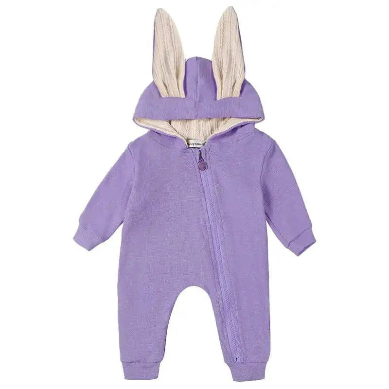 Mandotos bunny ear baby onesie featuring soft fabric and adorable bunny ear hood for comfortable, cute infant wear.