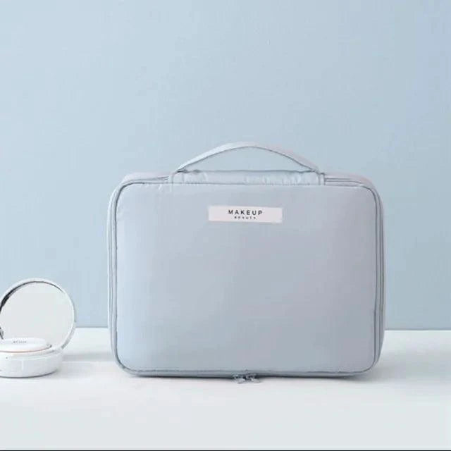 Mandotos Chic Beauty Bag Organizer with multiple compartments for cosmetics and toiletries, compact and stylish for travel.
