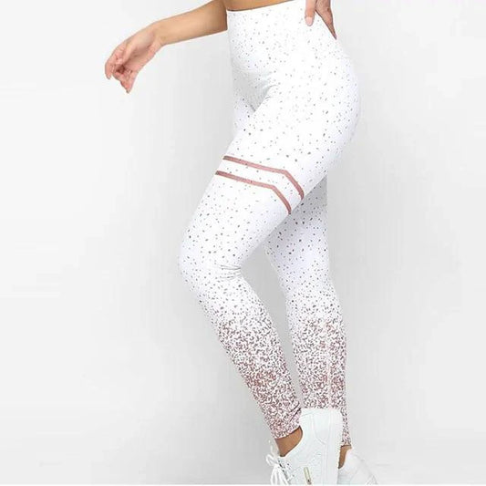 Mandotos chic gold print leggings featuring a stylish gold pattern on black stretchy fabric for a fashionable look.