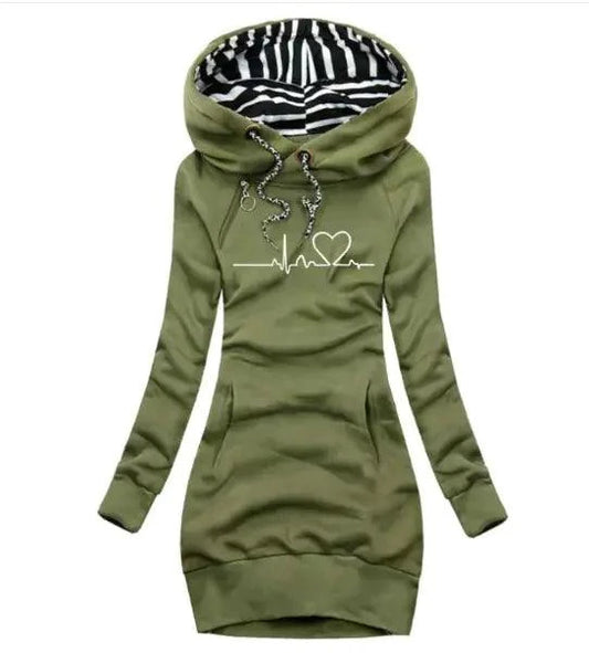 Mandotos chic hooded sweatshirt dress showing a comfortable, stylish casual dress in soft fabric with a hood and relaxed fit.