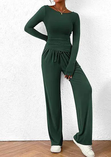 Mandotos chic long-sleeve trousers set featuring stylish top and matching pants, perfect for modern casual wear.