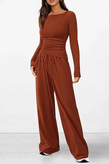 Mandotos chic long-sleeve trousers set featuring a stylish top and matching pants, perfect for casual or semi-formal wear.