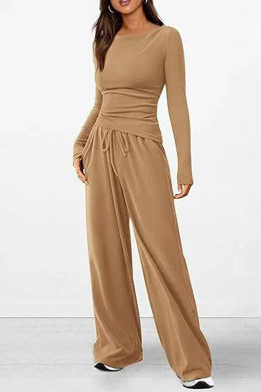 Mandotos chic long-sleeve trousers set featuring a stylish top and matching pants, perfect for casual and semi-formal wear.