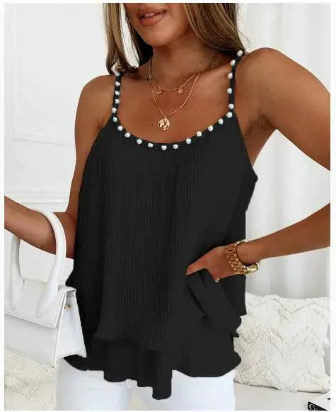 Mandotos Chic Pearl Pleated Tank Top featuring pearl accents and a stylish pleated design, perfect for casual or dressy wear.