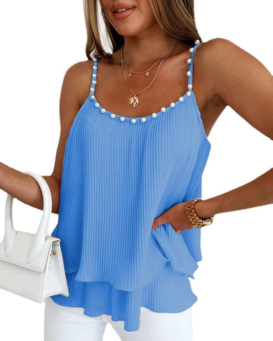Mandotos Chic Pearl Pleated Tank Top featuring a stylish pleated design and pearl accents, perfect for casual or dressy outfits.