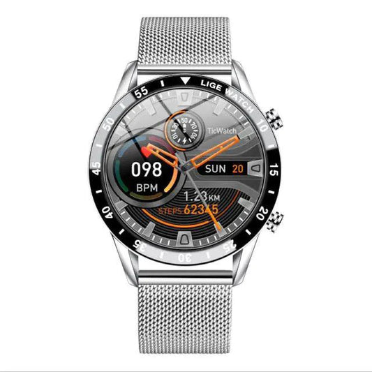 Mandotos Circle Elite Smart Watch with round display, black band, and fitness tracking features on a sleek black watch face.