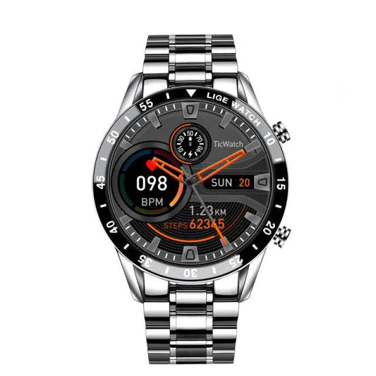 Mandotos Circle Elite Smart Watch with round display, black band, and fitness tracking features on a white background.
