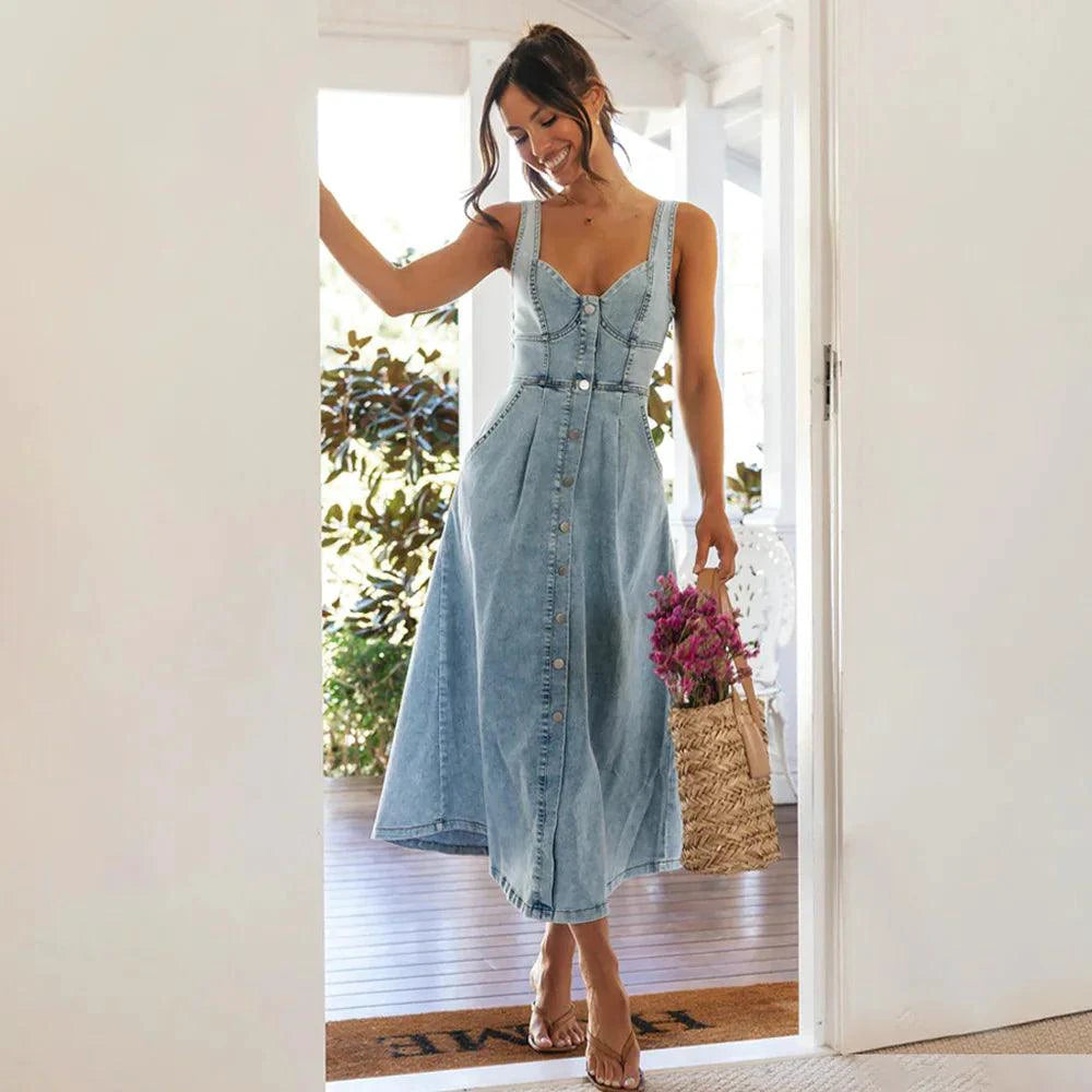 Mandotos CitySleek denim midi dress featuring a fitted bodice and flowing skirt, displayed on a mannequin.