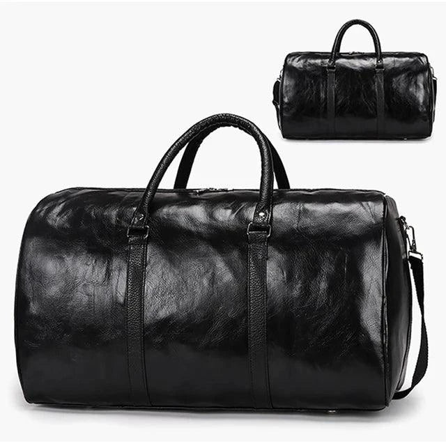Mandotos Classic Leather Duffel Bag with sturdy handles and spacious interior, ideal for travel and weekend trips.