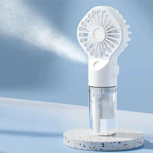 Mandotos compact hydrating mist fan showing a portable handheld device with misting and cooling features