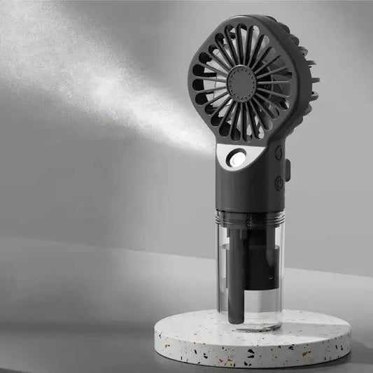 Mandotos Compact Hydrating Mist Fan showing a small portable fan with mist spray and adjustable settings.