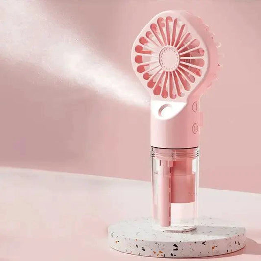 Mandotos Compact Hydrating Mist Fan showing a portable fan with mist spray function and ergonomic design.