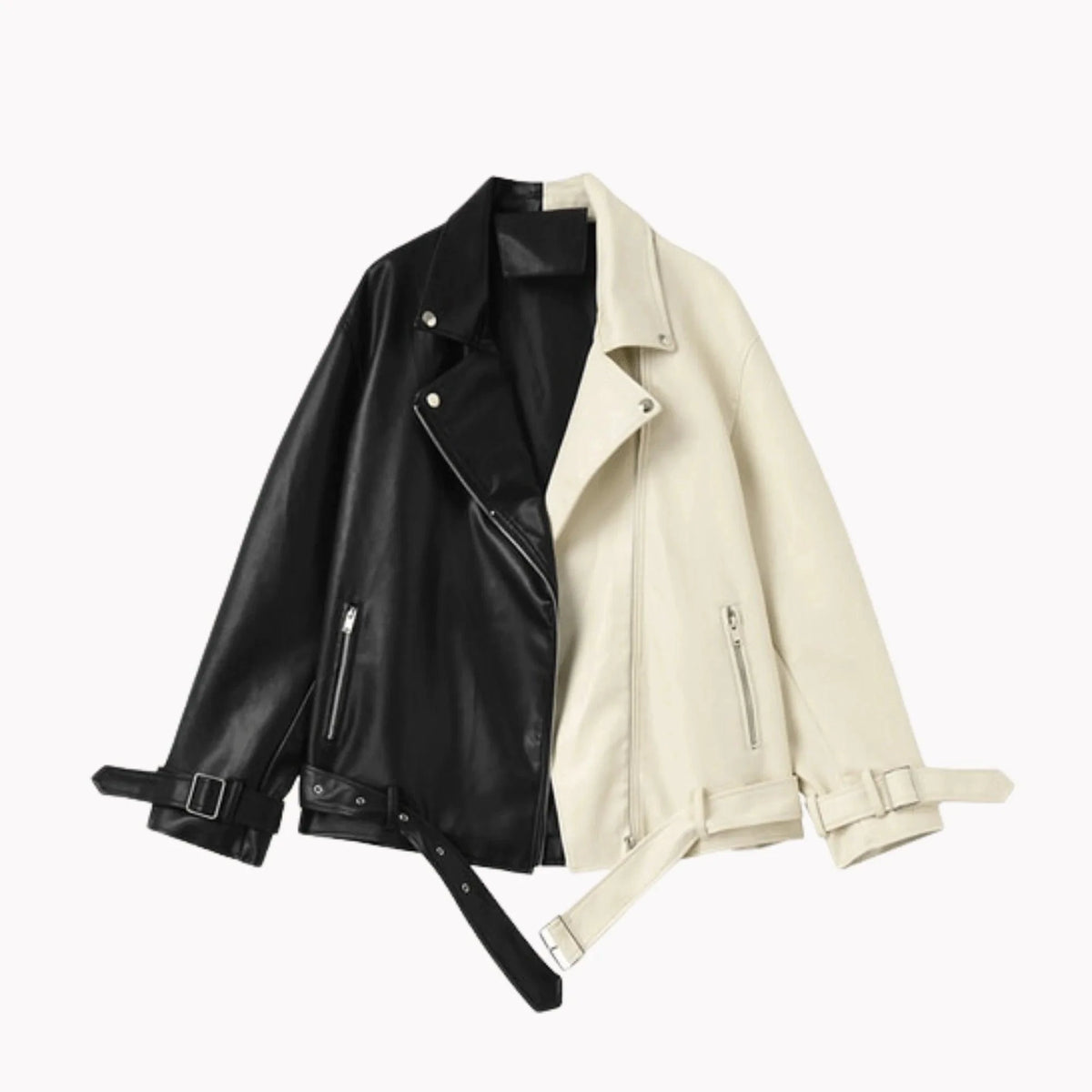 Black contrast vegan leather jacket by MANDOTOS featuring a sleek, stylish design and modern fit.