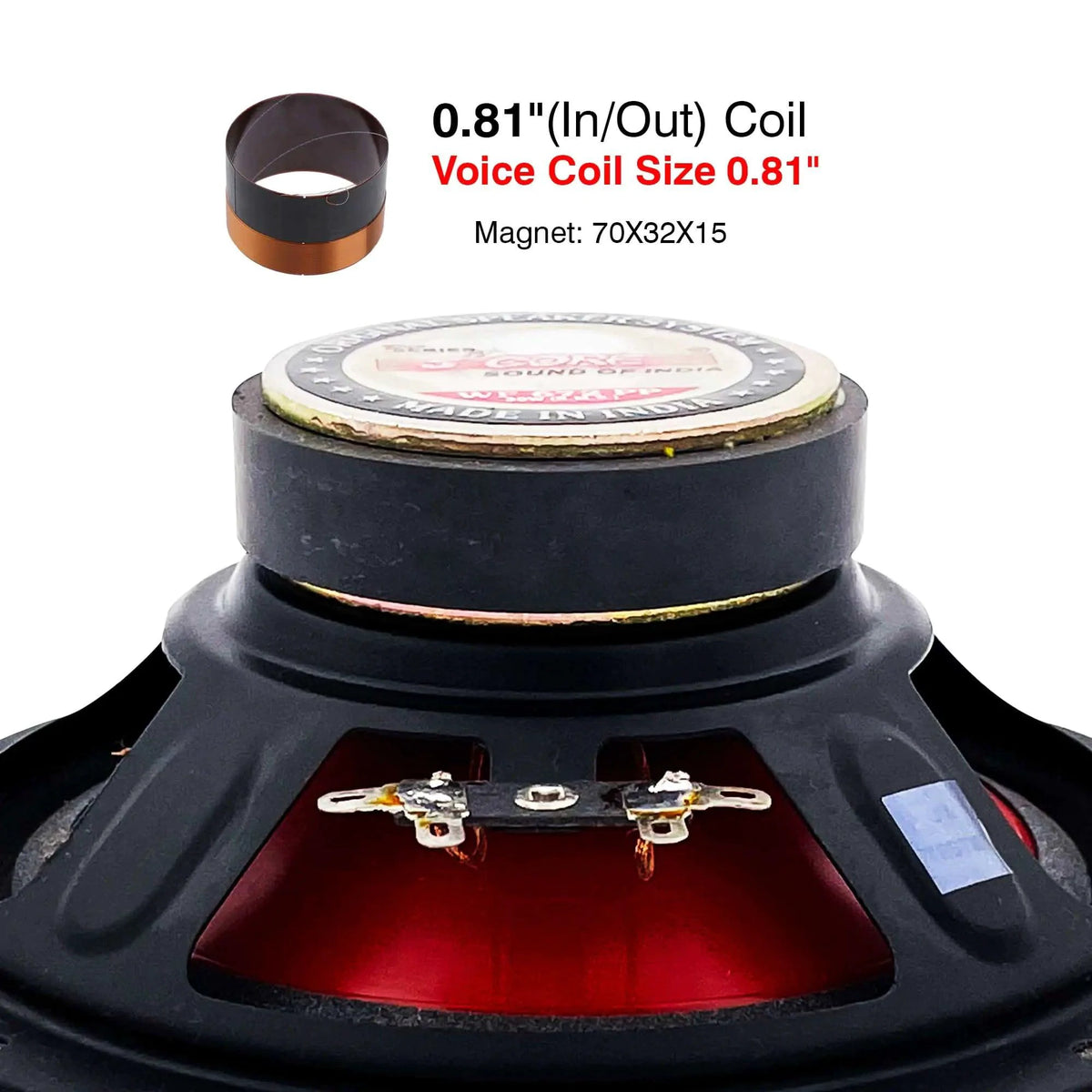 Mandotos CoreBass 6-inch 300W car subwoofer showing black speaker with mounting frame and wiring for enhanced bass sound.