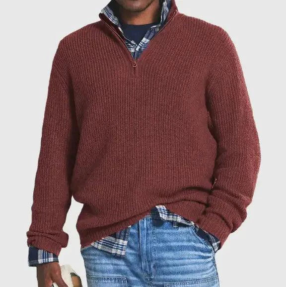 Mandotos cozy zip-up knit sweater in soft fabric, featuring a front zipper and ribbed cuffs and hem for a comfortable fit.
