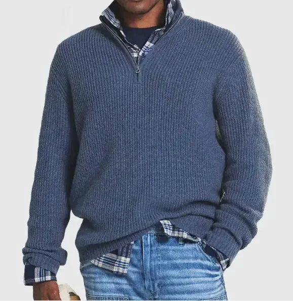 Mandotos cozy zip-up knit sweater with a high collar and ribbed cuffs, in a soft, warm fabric for casual wear.