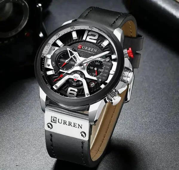 Mandotos Curren Chono 2022 Lux Watch with black dial, stainless steel band, and chronograph features displayed in the image.