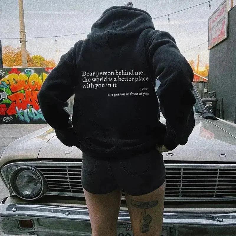 Mandotos women's plush hoodie with heartfelt printed message, kangaroo pocket, drawstring hood, and trendy unisex design.
