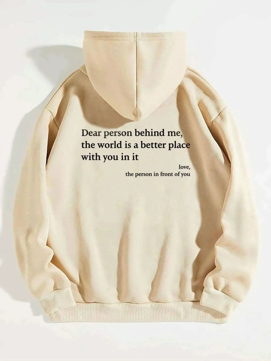 Women's plush hoodie with letter print and kangaroo pocket, featuring a heartfelt message, by MANDOTOS, unisex trendy casual wear.