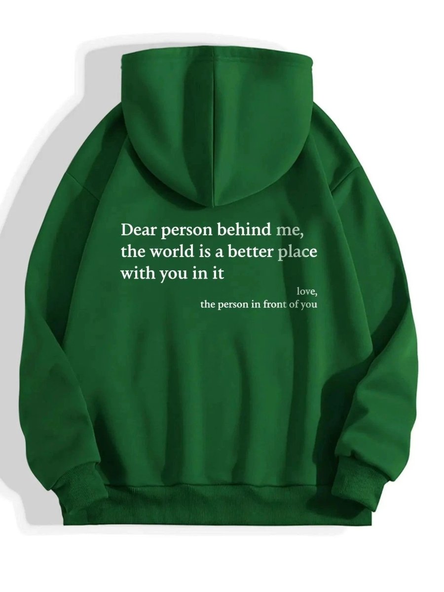 Mandotos women's plush hoodie with printed message, kangaroo pocket, drawstring hood, featuring a cozy, trendy unisex design.