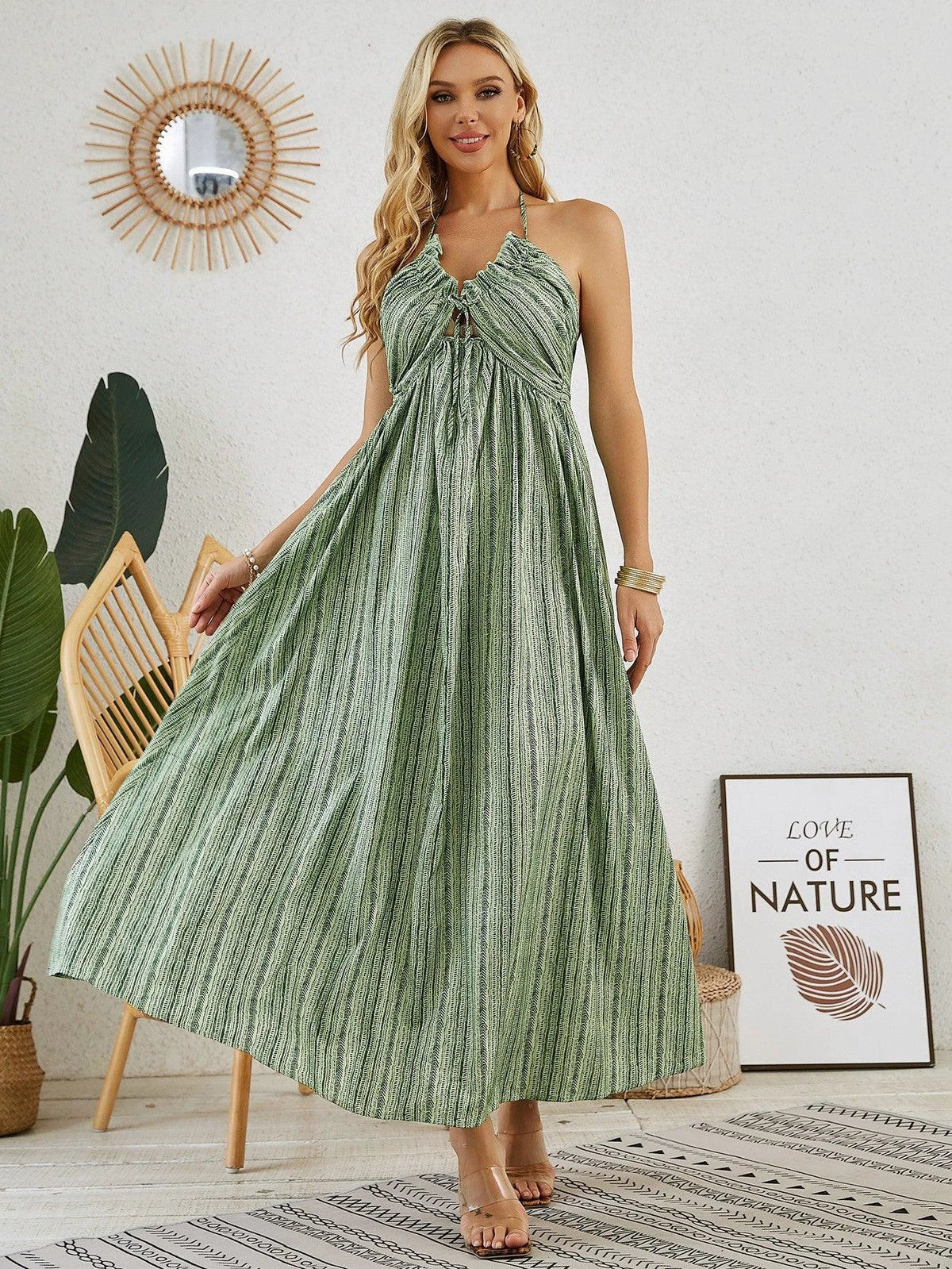 Mandotos bohemian halter maxi dress for women, sleeveless, flowy beach dress with a relaxed summer style.