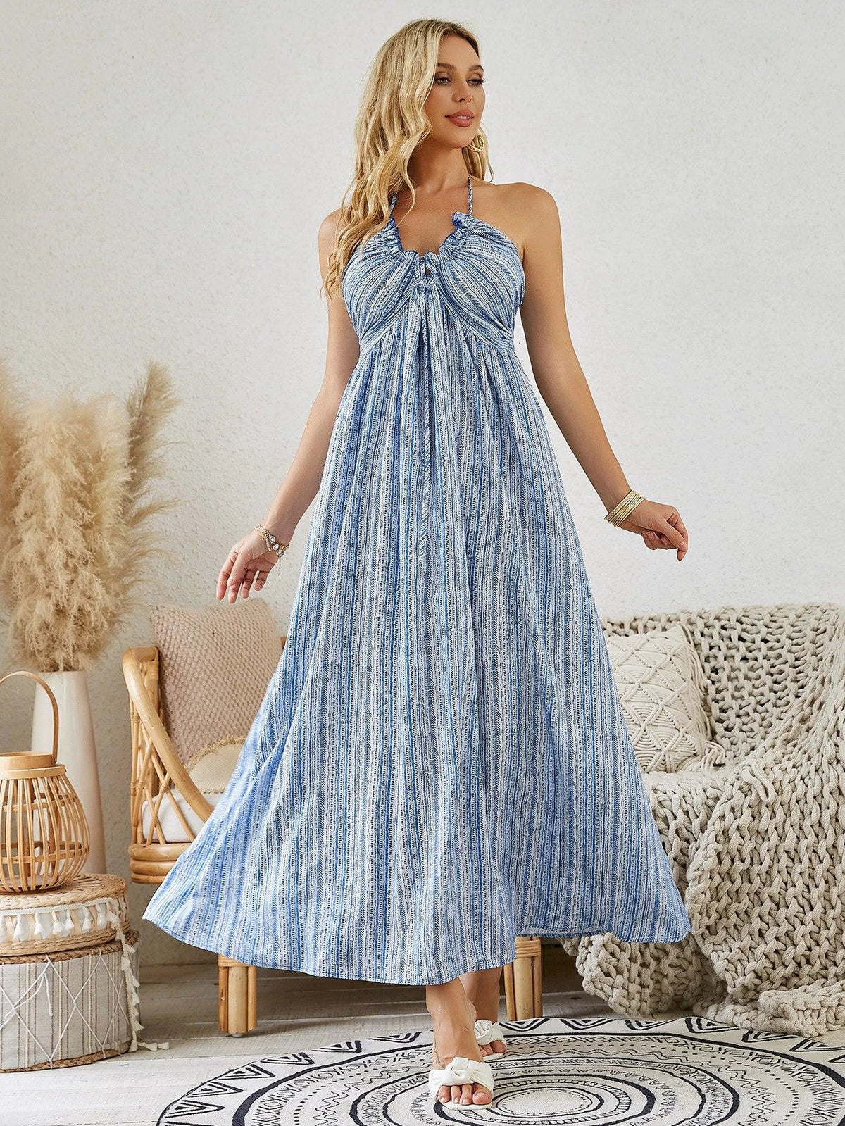 Mandotos bohemian halter maxi dress for women, sleeveless, flowy summer beach dress with vibrant print and relaxed fit.