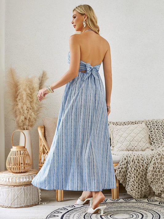 Mandotos bohemian halter maxi dress for women, sleeveless, flowy summer beach dress with vibrant print and relaxed fit.