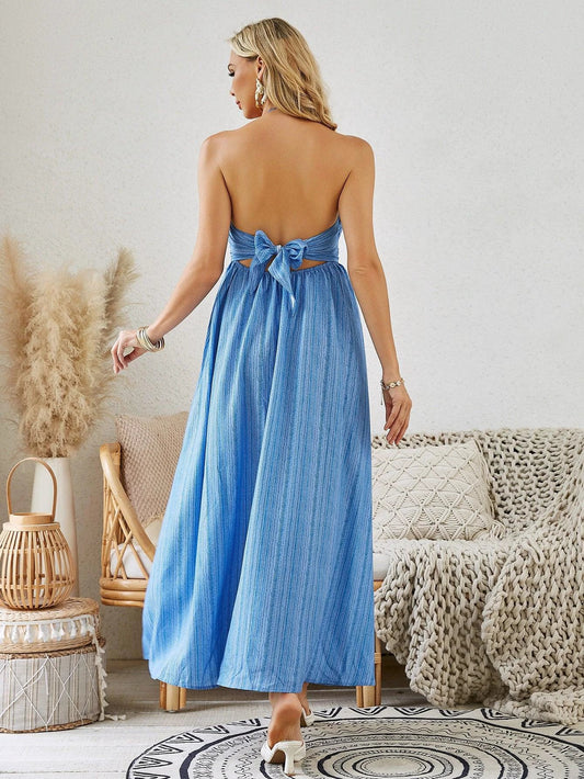 Mandotos women's bohemian halter maxi dress, sleeveless and flowy, perfect for summer beachwear and casual outdoor occasions.