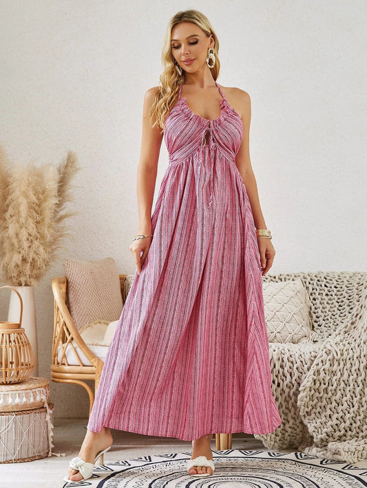 Mandotos bohemian halter maxi dress for women, sleeveless and flowy, perfect for summer beachwear.