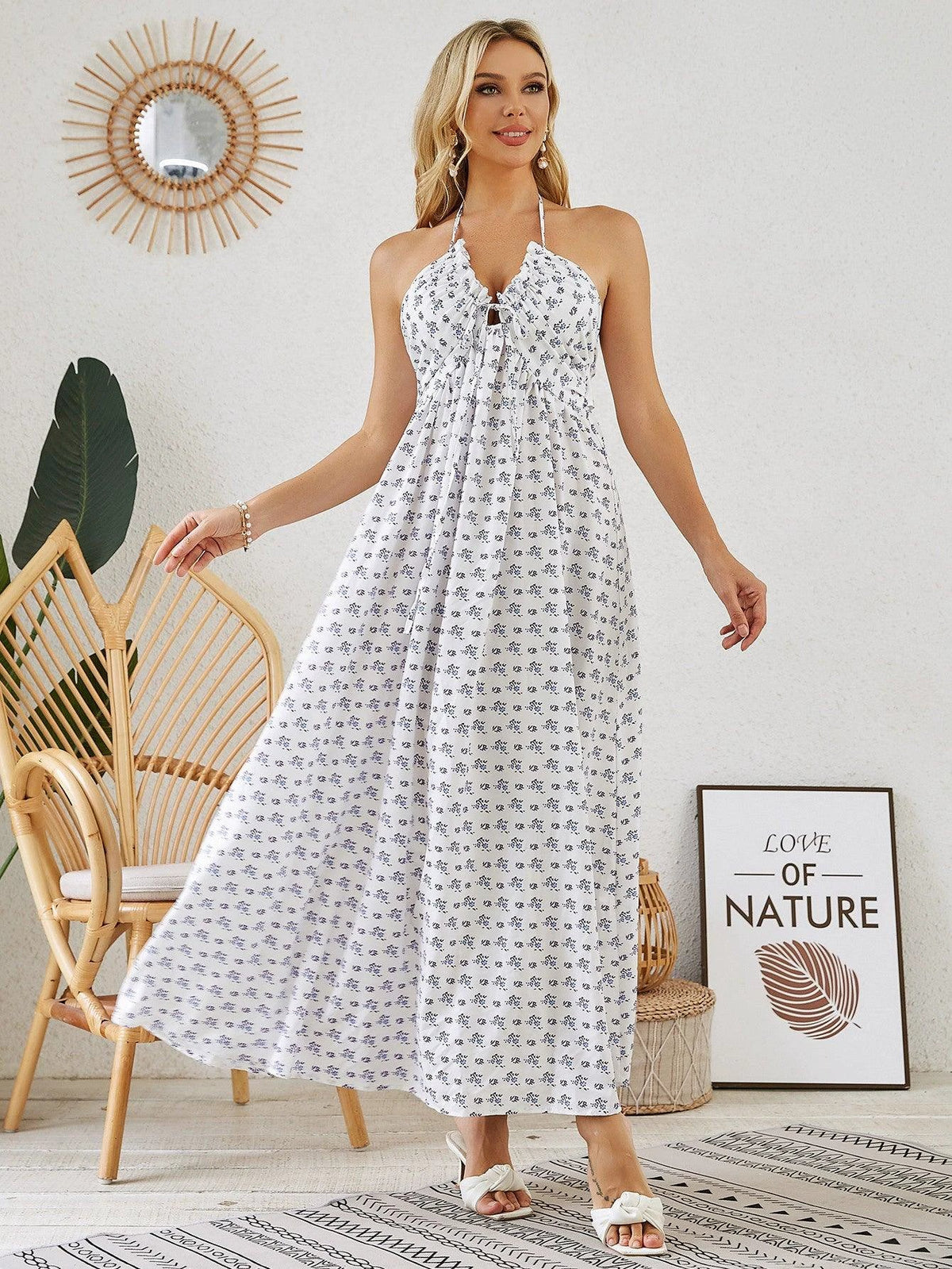 Mandotos bohemian halter maxi dress for women, sleeveless and flowy, perfect for summer beachwear and casual outdoor occasions.