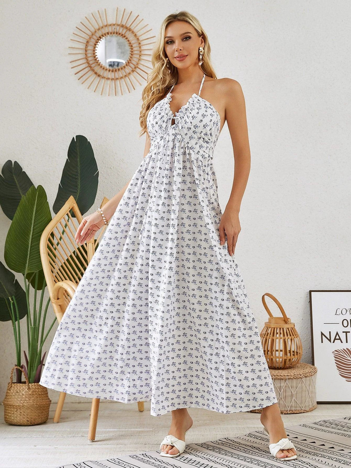 Mandotos bohemian halter maxi dress for women, sleeveless and flowy, perfect for summer beachwear and casual outdoor outings.