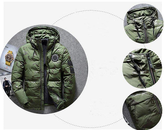 Camouflage men's hooded winter parka by Mandotos, slim fit, windproof and warm, suitable for casual outdoor adventures.