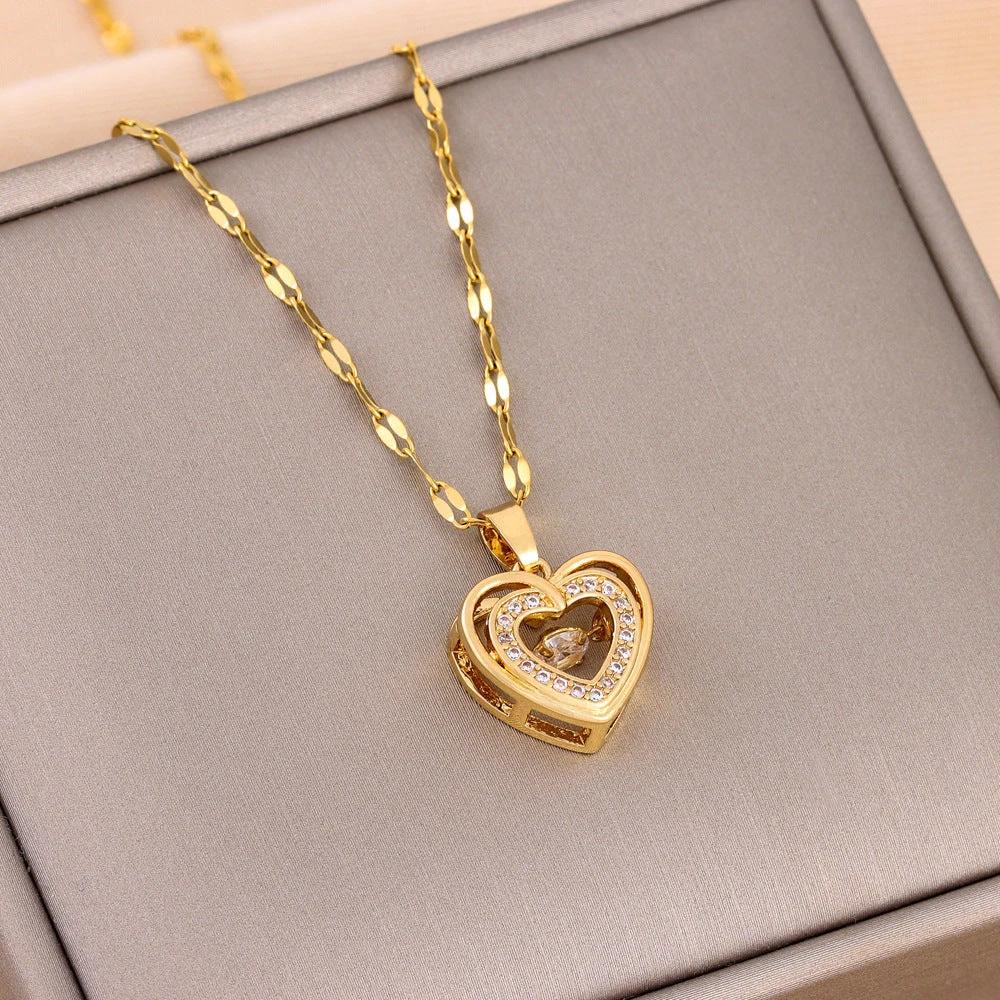 Double-layer love necklace by Mandotos featuring rhinestone accents and a titanium steel pendant, stylish and elegant jewelry piece