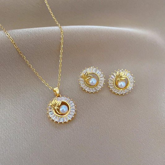 Mandotos fashion jewelry set with square full diamond round ring, leaf necklace, and matching earrings, elegant and personalized.
