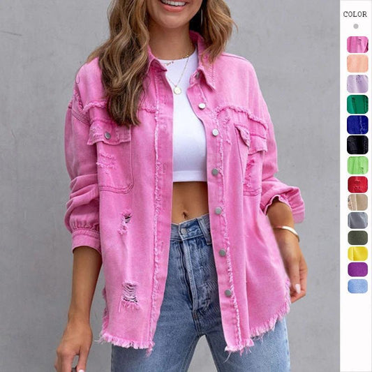 Mandotos women's ripped shirt jacket, casual autumn and spring tops, stylish women's clothing with distressed design.