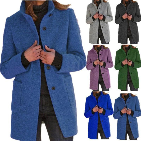 Mandotos women's woolen coat with stand collar, pockets, and button closure, perfect for fall and winter casual wear.