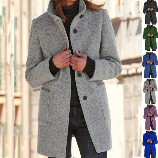 Mandotos woolen coat for women with stand collar, pockets, and button closure, ideal for fall and winter casual outdoor wear.
