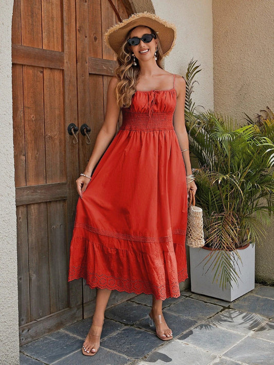 French romantic style cotton maxi dress for women by Mandotos, flowing fabric, elegant design, and feminine silhouette.