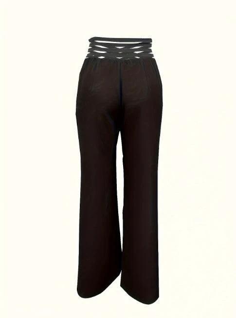 Girls' solid color high waist slim pants by MANDOTOS, featuring a hollow design and versatile home wear style.
