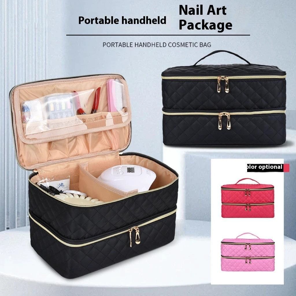 Mandotos GlamourPro double-layer nail tool organizer with stylish design and multiple compartments for efficient storage of nail tools.