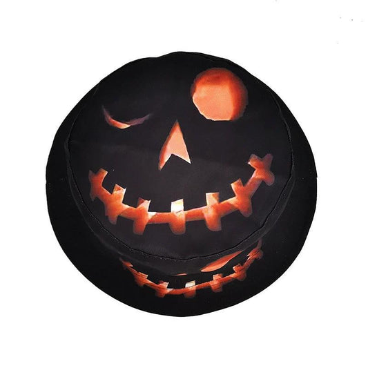 Mandotos Halloween pumpkin fisherman hat with a cartoon grimace print, featuring bright orange pumpkin design and playful spooky details.