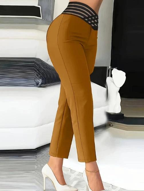 Mandotos women's solid color hollow high-waist casual pants, slim fit, fashionable and comfortable for everyday wear.