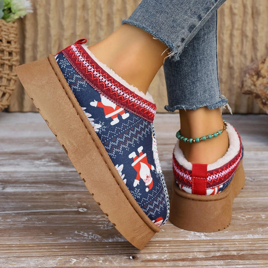 Navy Mandotos Christmas cartoon print plush-lined slip-on ankle boots for women, indoor home shoes with cozy plush interior.