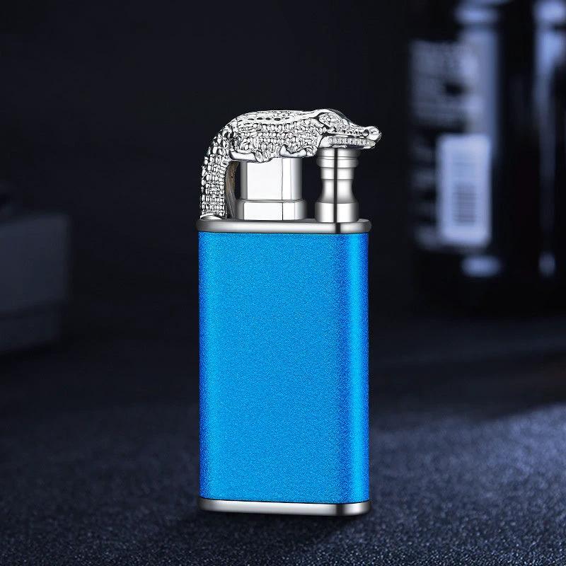 Mandotos blue flame lighter with dolphin, dragon, and tiger designs, metal windproof double flame, refillable and portable.