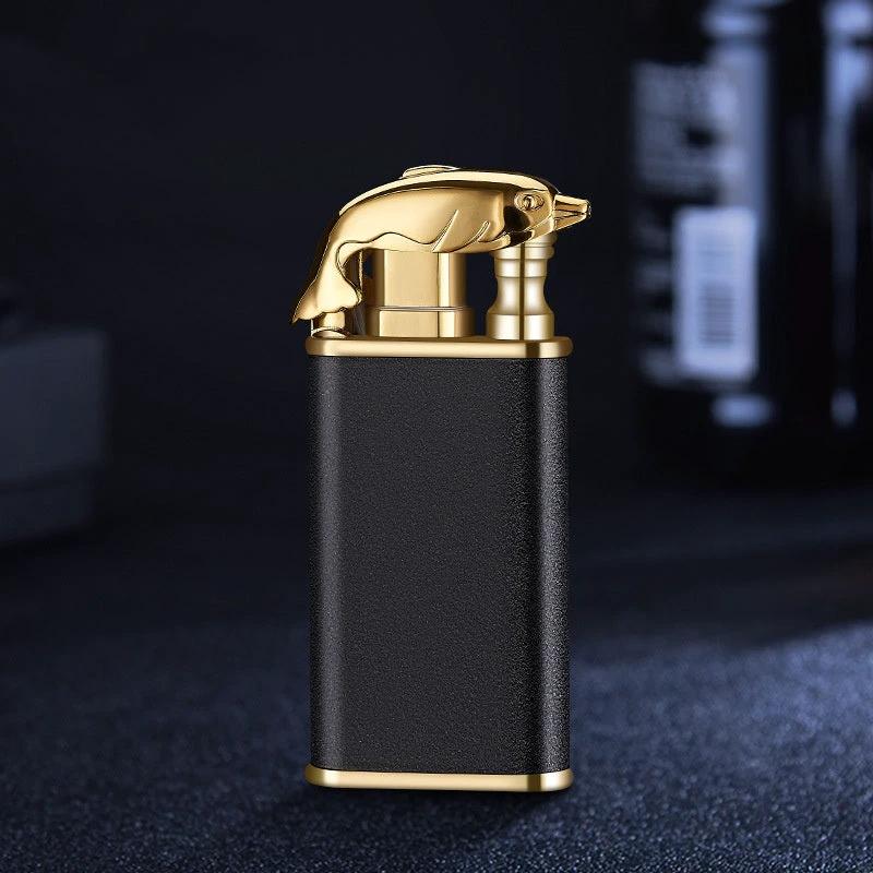 Mandotos Creative Blue Flame Lighter with dolphin, dragon, tiger designs, metal windproof double flame, refillable and stylish.