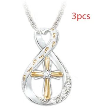 Mandotos Cross Footprint Diamond Pendant Necklace with two-tone design and chain, featuring a cross and footprint motif.