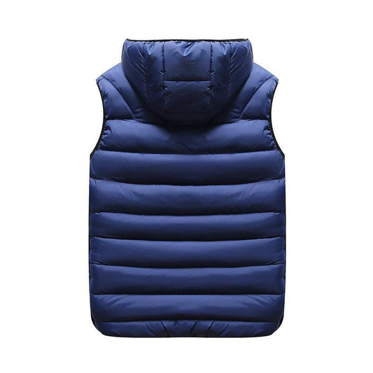 Mandotos blue sleeveless puffer vest jacket with down cotton filling, velvet lining, hood, and winter outerwear design.